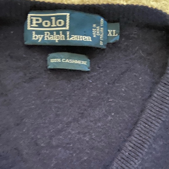 Polo by Ralph Lauren Blue V-Neck 100% Cashmere Sweater size XL, red logo - Picture 2 of 3